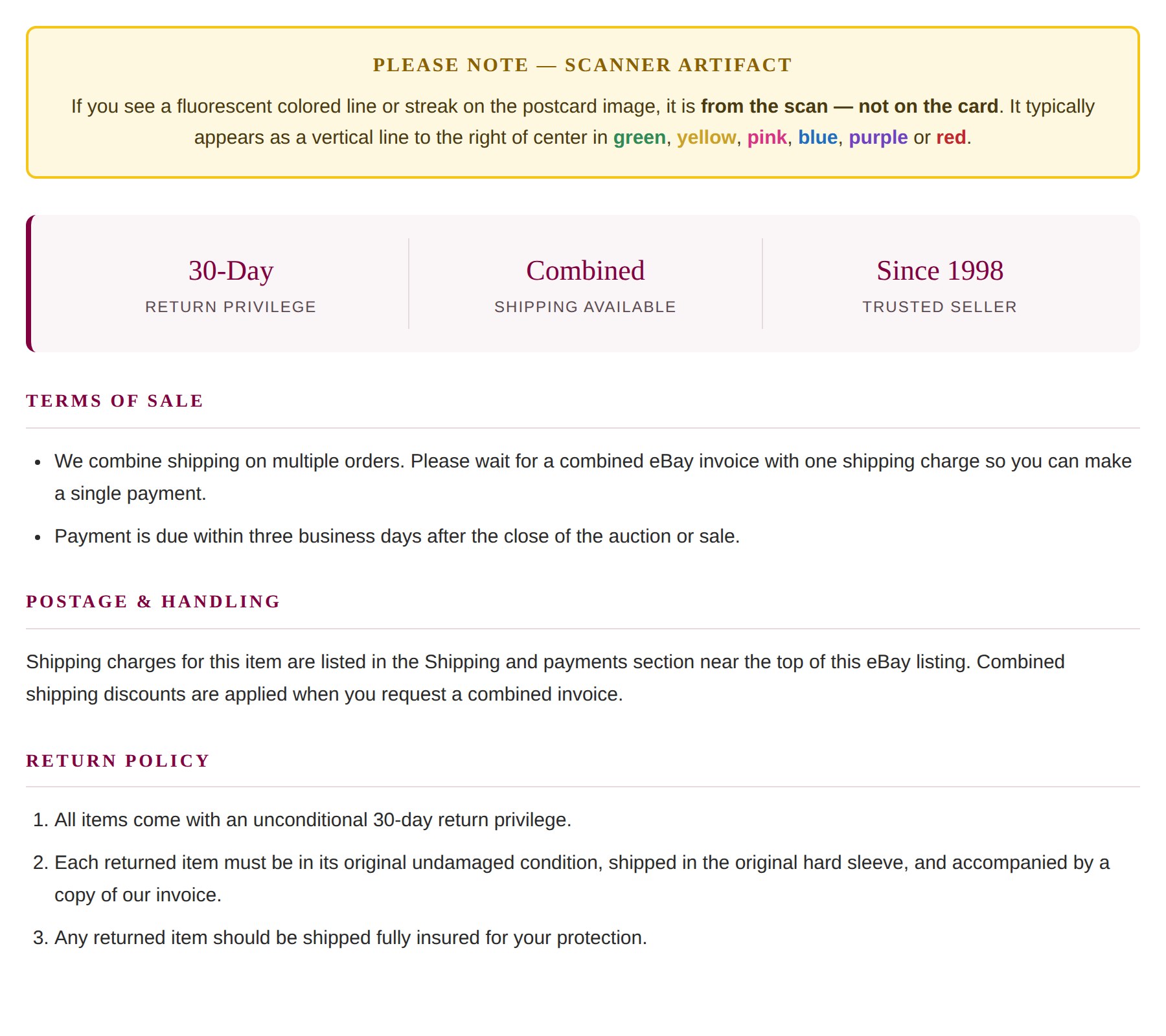 Terms of sale, shipping, and return policy